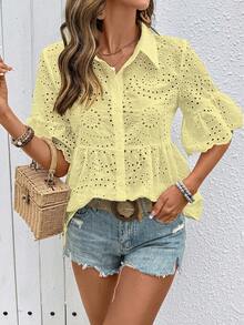 Breezaya Embroidered Shirt, Open Front Shirt, Embroidered Placket Shirt, Casual Shirt - Yellow - View 6