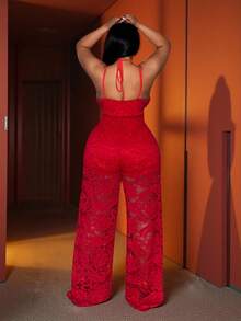 Slaydiva 新款/复活节/西部风/节日/新年/情人节性感/街头风女装/辣妹蕾丝吊带连体裤 大码 - 红色 - 紅色 - 查看 2