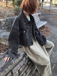 FRIFUL Women's Casual Denim Jacket With Single-Breasted Button, Long Sleeve, Drop Shoulder, Autumn - Grey - View 8