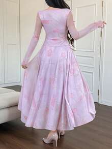 DAZY Vestido largo elegante y ajustado con estampado floral para mujer, vestido de verano de manga larga y cuello redondo - Caqui - Ver 2