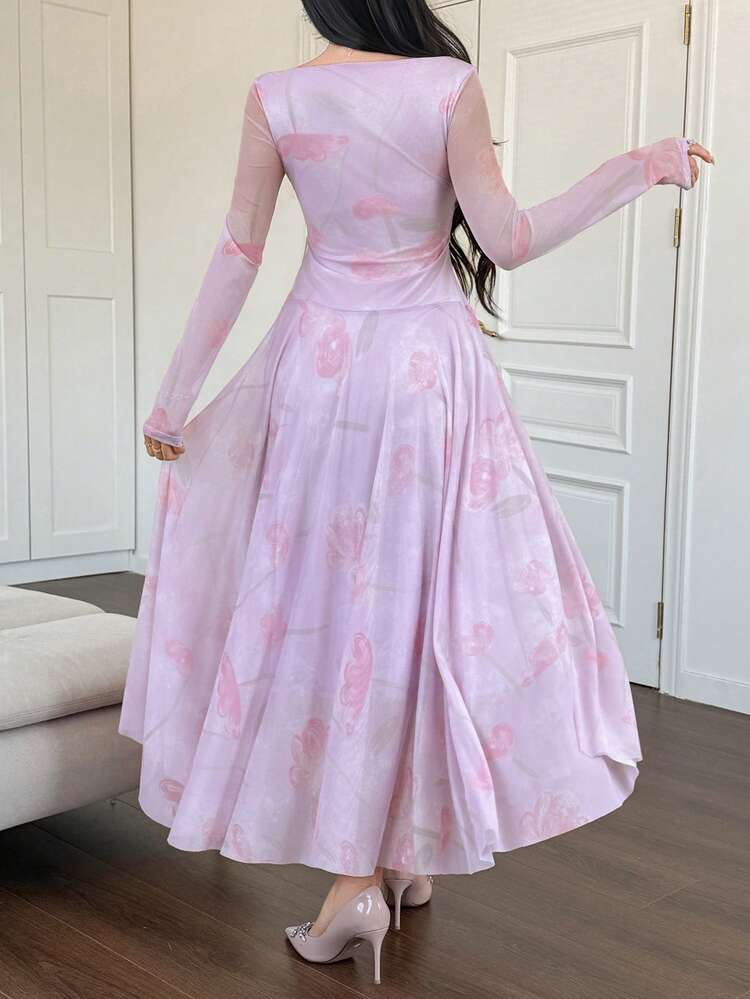 Women's Floral Print Elegant Fitted Long Dress, Long Sleeve Round Neck Sundress