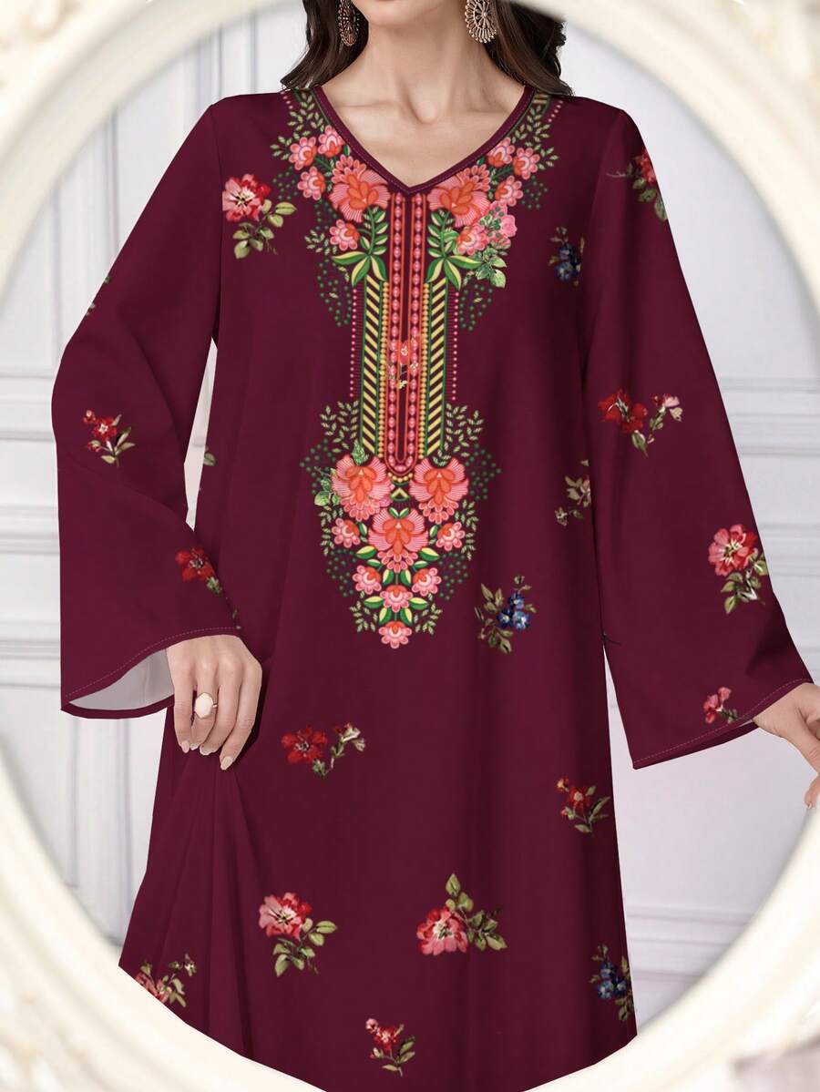 Al Najma 女士优雅定位印花阿拉伯风格 V 领长袖连衣裙 - 酒紅色 - 查看 1