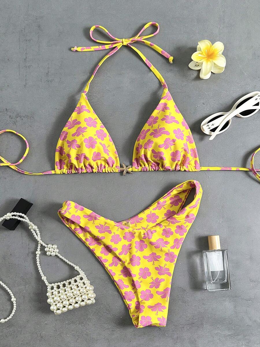 Swim Mod 女士热带波点印花荷叶边两件式比基尼套装，侧边系带，可爱沙滩度假休闲比基尼套装 - 彩色 - 查看 1