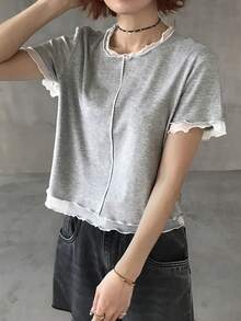 FRIFUL Áo thun nữ tay ngắn cổ tròn màu xám và trắng - Xám - Xem 6