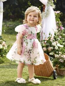 女婴优雅可爱薄纱印花短袖公主裙 - 粉色 - 查看 2