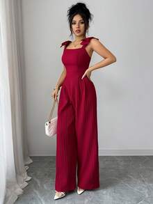 GlowEve Nuovo tuta da donna con bretelle a spaghetti e design a fiocco, in tessuto lavorato, elegante e versatile per lavoro, vacanza, adatta per San Valentino - Bordò - Visualizzare 7