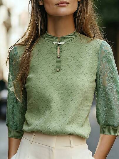 Franclia Women's Spring Fashion Casual Round Neck, Three-Quarter Sleeve Patchwork Knit Sweater, Elegant And Versatile, Chinese-Style Buttoned, High-End Slim Fit Green Pullover Sweater, Suitable For Spring To Summer, Women's Spring Outfits, Elegant Tops, Summer Holiday Outfits, Women's Casual Wear.Graduation Season Attire, Fashionable Casual Commuter Wear, Business Office Wear, Versatile And Stylish Everyday Casual Wear, Urban Teacher's Professional Attire