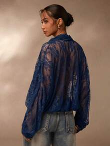 SHEIN Glamour 女士纯色打结薄纱蕾丝长袖衬衫 - 藍色 - 查看 2