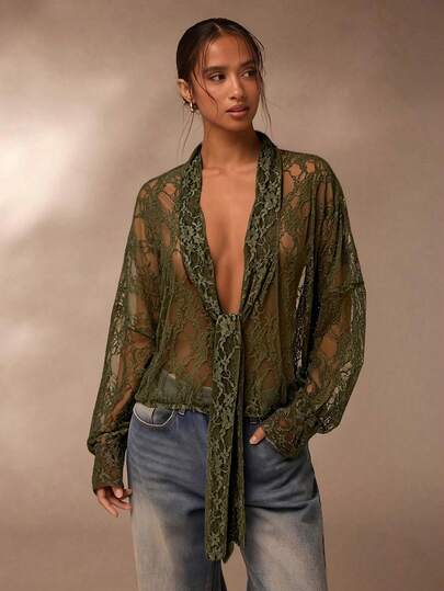 SHEIN Glamour Áo kiểu ren xuyên thấu, áo sơ mi ren màu nâu dành cho nữ