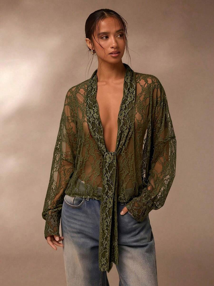 SHEIN Glamour 女款夏季優雅橄欖綠透視蕾絲上衣,秋季繫帶領長袖上衣,適合夜店派對、春季婚禮賓客層搭穿搭 - 軍綠色 - 查看 1