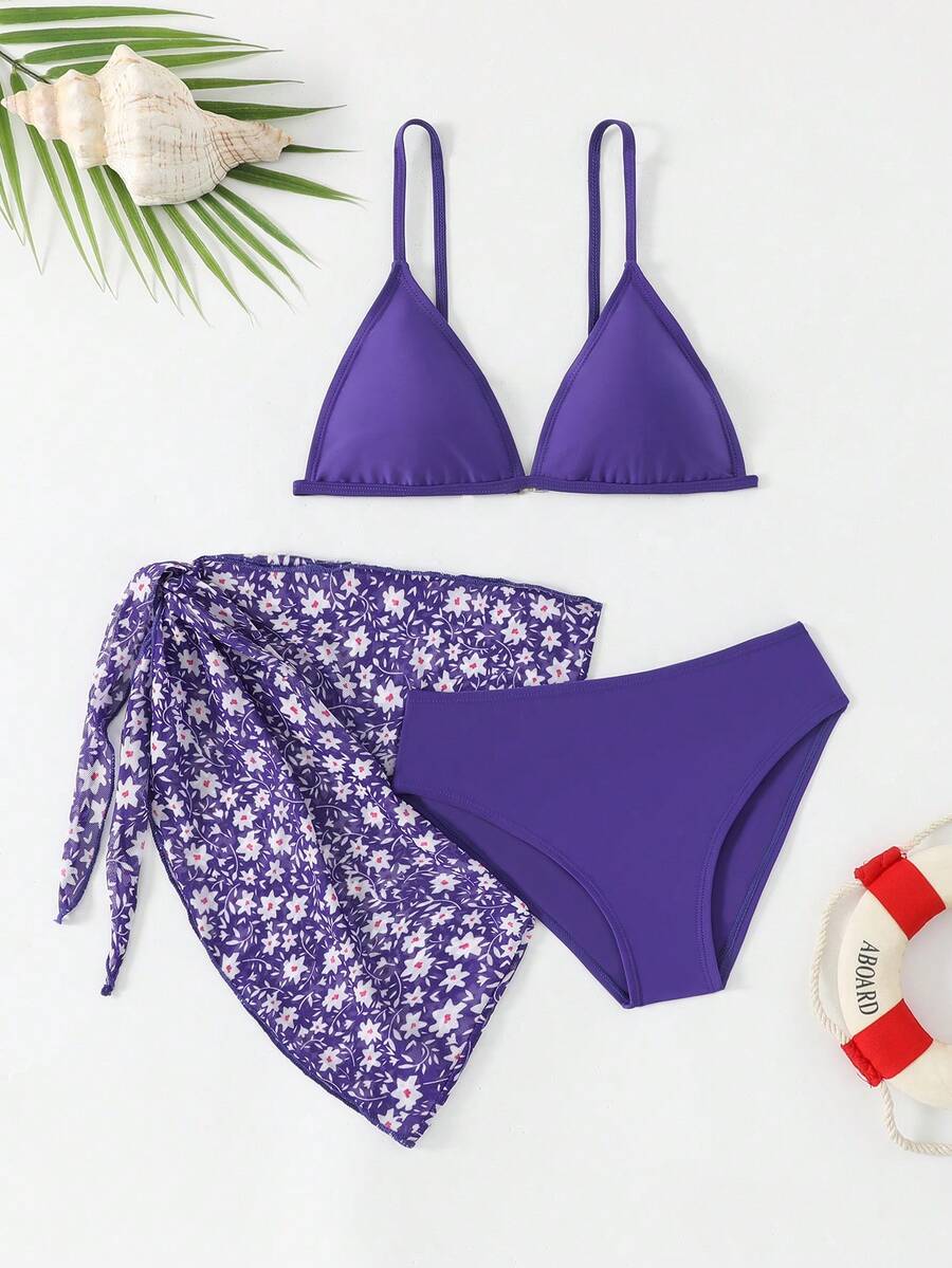 SHEIN 3件套少女紫色和白色碎花针织面料比基尼套装,休闲紫色和白色小碎花针织面料肩带深V领开衩泳装套装,三件套时尚休闲精致女士泳装,适合夏季度假海滩游泳池夏季派对休闲度假,3件套比基尼带纱笼裙,比基尼套装带纱笼裙泳装少女套装泳衣套装,端庄比基尼套装紫色比基尼套装 - 紫色 - 查看 1