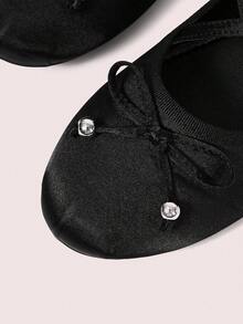 CUCCOO DOLLMOD Black Faux Silk Satin Soft Bow Criss-Cross Strap Flat Ballet Shoes Mary Jane Shoes For Women - Black - View 5
