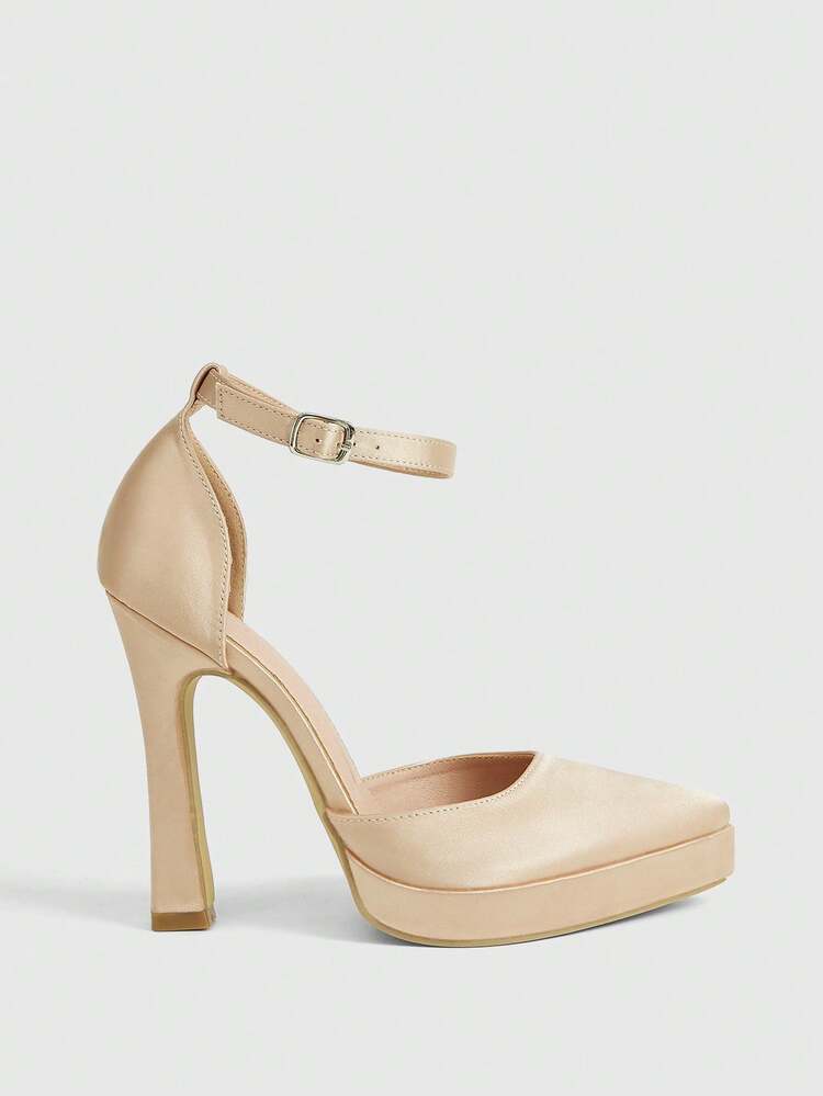 CUCCOO LuxiPop Women Shoes Women's Pointed Thick High-Heeled Satin Fabric Is Stylish, Simple, Breathable And Comfortable, Buckle For Daily Parties, Weddings And Banquets, Hollow Solid Color Shoes