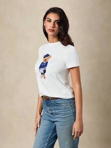 Briarwyn 2026 New Arrive Women's Casual Cartoon Bear Embroidered Round Neck Short Sleeve T-Shirt, Summer For Women, Valentines For Women, Beach, Going Out Top, Graphic Tee Women - White - View 5