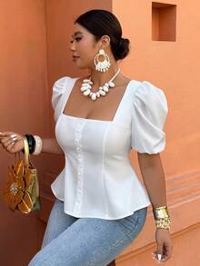 EMERY ROSE 大码女士优雅方领泡泡袖收腰A字珍珠纽扣装饰衬衫，春夏款 - 白色 - 查看 5