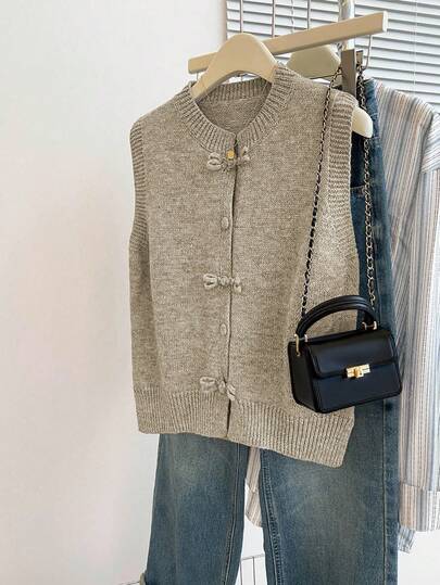 Franclia Casual Loose Crew Neck Sleeveless Gray Knitted Top With Chinese-Style Frog Buttons, For Women, Spring/Autumn Sweater Cardigan Thin Cardigan Knit Cardigan