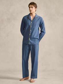 SHEIN Blue Collar Long Sleeve & Long Pants Men's Casual Pajama Set - Blue - View 3