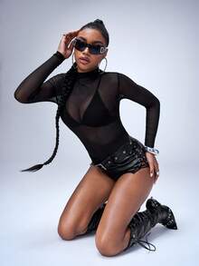 Y2Kool BiGraphic Women's Black Sexy Hot Girl Casual Stand Collar Long Sleeve Sheer Mesh Jumpsuit Sexy Bodysuit Sheer Bodysuit Leotard - Black - View 7