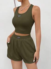 SHEIN EZwear 橄榄绿针织无袖女士运动休闲背心套装，夏季 - 軍綠色 - 查看 3