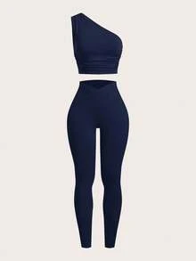 SHEIN EZwear 藏蓝色针织女式运动休闲户外套装，春夏款 - 藏蓝色 - 查看 16