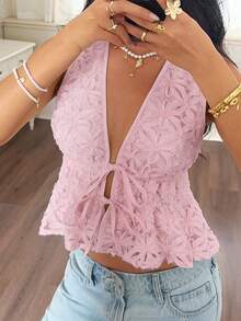 Serisse Áo nữ cổ chữ V sâu, buộc dây phía trước, kiểu dáng thường ngày, đa năng. - Hồng - Xem 1