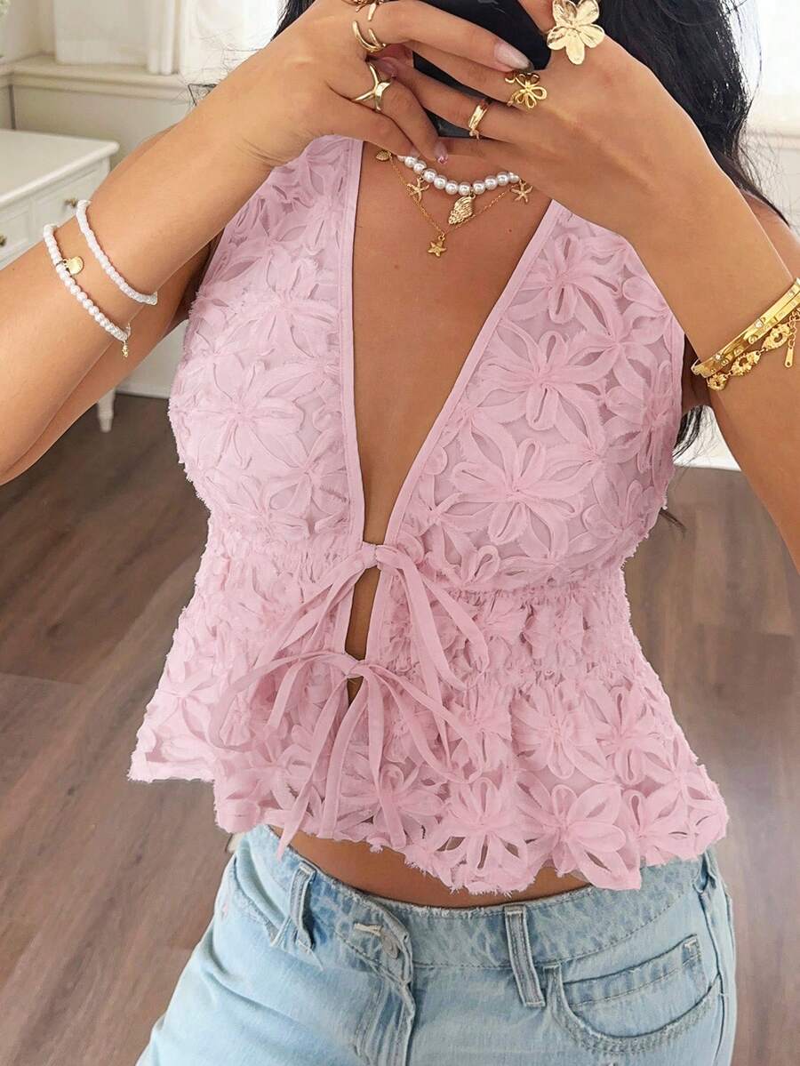 Serisse Áo nữ cổ chữ V sâu, buộc dây phía trước, kiểu dáng thường ngày, đa năng. - Hồng - Xem 1