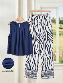 Rusticease 两件套女士休闲纯色褶皱吊带背心和斑马纹阔腿裤套装 - 藏蓝色 - 查看 3