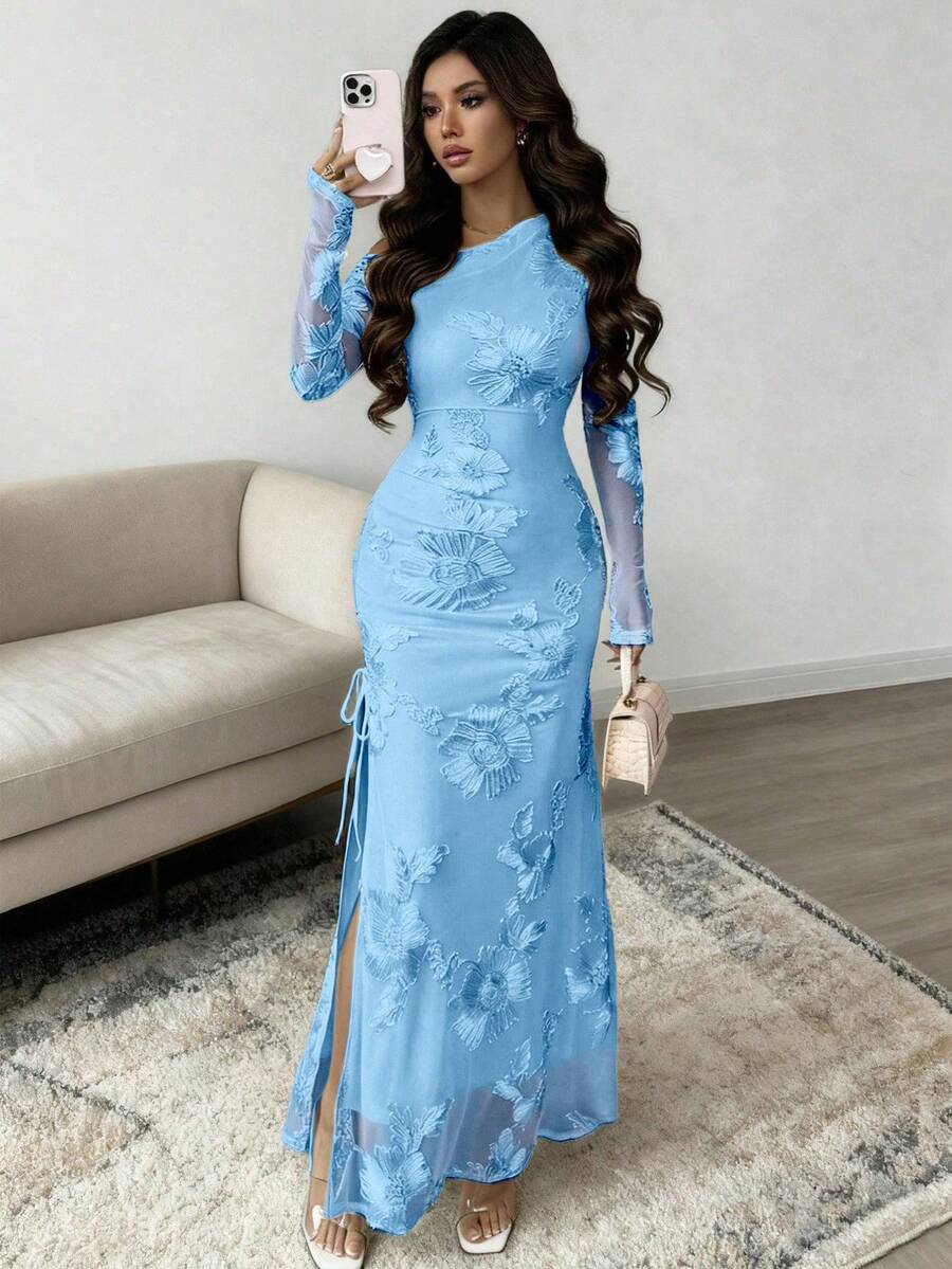 Rafferiza 女士提花网纱不对称开衩连衣裙 - 藍色 - 查看 1