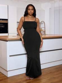 Veslaya Vestido Longo Preto Básico Estilo Sexy com Alças Finas, Decote Nas Costas e Amarração Na Frente, Tecido Elástico de Malha, Tamanhos Grandes, Adequado para Ocasiões Elegantes, Casuais, Férias, Passeios Diários, Reuniões, Encontros, Festivais de Música, Jantares e Festas - Preto - Visão 4