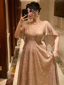 DAZY 女士优雅亮片V领荷叶袖中长连衣裙，夏季婚礼宾客礼服闪亮吊带裙 - 粉色 - 查看 8