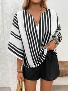 EMERY ROSE 2pcs Women Casual Patchwork V-Neck Batwing Sleeve Top And Elastic Waist Shorts Set - Multicolor - View 5