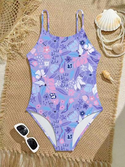 SHEIN Floral & Leaf Print One-Piece Swimsuit For Tween GirlsStretchy Woven Fabric Suitable For Beach, Holiday Swimming Kids Beachwear One Piece Girl Bathing Suit Tween Girl Swimsuit Young Girls One Piece Swimsuit Girls Floral Print Swimsuit