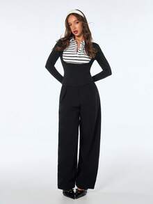 Sweetina Women's Casual Striped Polo Collar Patchwork Long Sleeve T-Shirt - Black - View 3