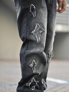 Devon Thys 垃圾摇滚哥特 Y2K 风格男式工装裤，带五角星贴片、直腿口袋、休闲宽松街头牛仔裤 - 黑色 - 查看 4