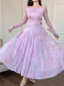 DAZY Vestido largo elegante y ajustado con estampado floral para mujer, vestido de verano de manga larga y cuello redondo - Caqui - Ver 3