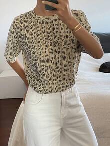 DAZY 女士豹纹印花宽松短袖圆领休闲T恤，春夏图案T恤 - 卡其色 - 查看 5