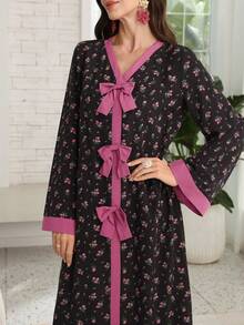 Al Najma Đầm dài tay kiểu Ả Rập thanh lịch dành cho nữ, vải dệt màu đen với họa tiết bướm tím, co giãn. - màu đen - Xem 5