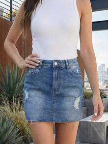 EMERY ROSE 女士口袋纽扣做旧休闲百搭日常牛仔迷你裙 - 中等水洗藍 - 查看 1