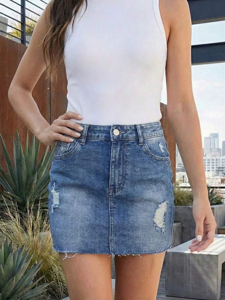 EMERY ROSE 女士口袋纽扣做旧休闲百搭日常牛仔迷你裙 - 中等水洗藍 - 查看 1