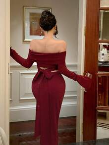 DAZY 女士露肩长袖露背系带修身中长连衣裙 - 酒紅色 - 查看 4