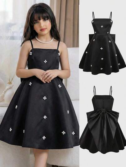 SHEIN Vestido de fiesta elegante de línea A con lazo de satén negro y tachuelas en la cintura para niñas preadolescentes