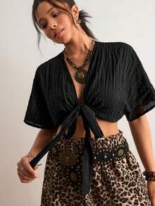 Freevana Plus Size Solid Color Casual Tie-Up Shirt, Summer Tops - Black - View 3