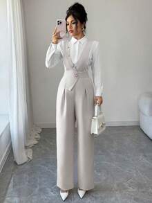 Elenzga 女士粉色竹纤维材质珍珠纽扣设计优雅教师制服，专业休闲时尚连体裤，适合感恩节、万圣节等场合穿着，百搭宽松飘逸阔腿连体裤 - 灰色 - 查看 6