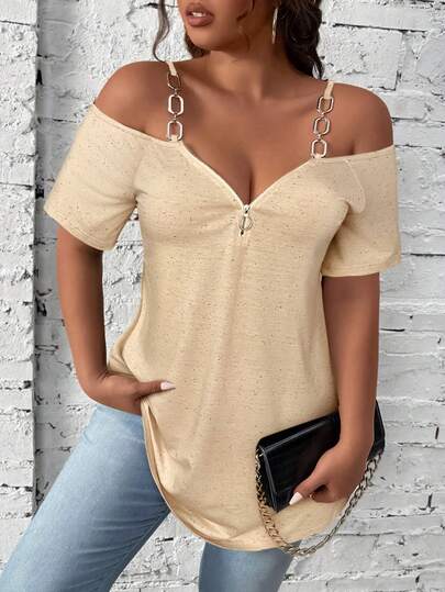 Elenzga Plus Size Decorative Chain Embellished T-Shirt, Elegant For Commuting, Outing, Dating, Party, Vacation