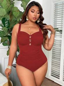 Swim Lushoire Plus Size Women's Square Neck Ruched Tummy Control Solid Color Ribbed One-Piece Swimsuit, Minimalist For Everyday Wear - Red - View 4