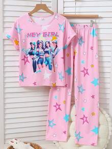 Genkimix Kids 2pcs Girls Cartoon Girl Group Five-Pointed Star Print Short Sleeve Pants Casual Loose Pajama Set - Multicolor - View 4