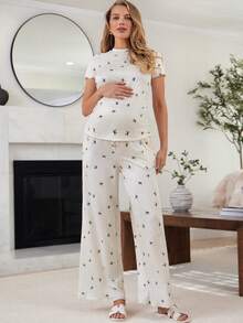 SHEIN 两件套孕妇休闲蝴蝶结T恤和裤子套装 - 杏色 - 查看 3