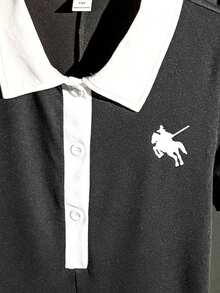 Teen Girls' Casual Sports Everyday Commute Rider Print Contrast Trim Short Sleeve Polo Romper, Summer - Black - View 2