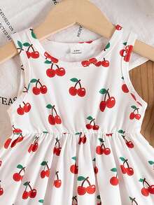 SHEIN Baby Girls' Cherry Print Round Neck Sleeveless Dress - White - View 3