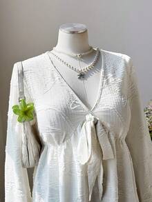 Sweetra 春冬新款V领系带露腰宽松优雅休闲连衣裙 - 杏色 - 查看 6